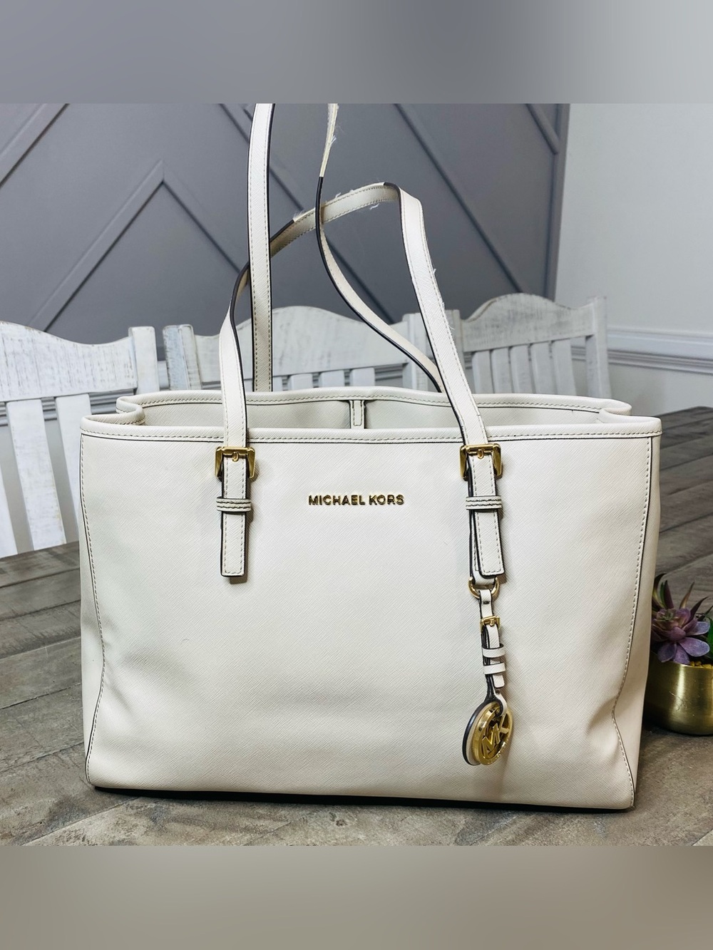 MICHAEL Michael Kors Jet Set Travel Tote White Saffiano Leather